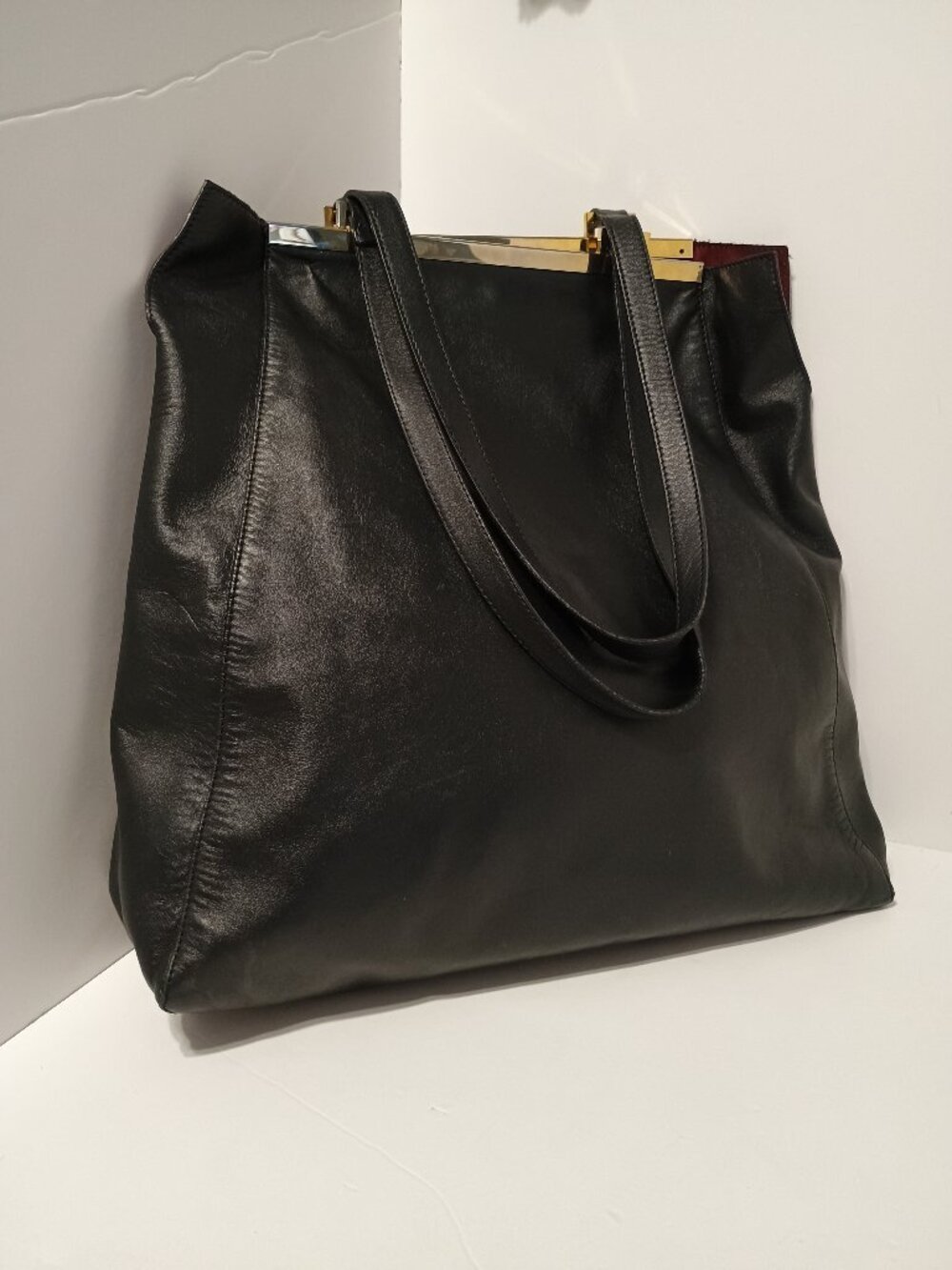 A. Bellucci Black Genuine Leather Tote Bag Made in Italy Gold Frame Large Purse